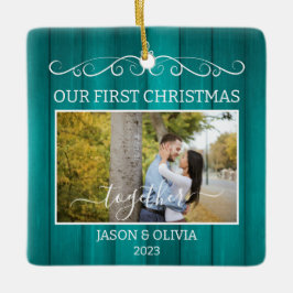 2 foto's Eerste Kerstmis Samen Blauwgroen Houtgraa Keramisch Ornament