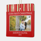 2 foto's Eerste Kerstmis samen Rode Groene Streep Keramisch Ornament (Links)