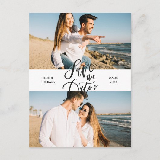 2 Foto's Elegante Moderne Script Save the Date Aankondigingskaart (Voorkant)