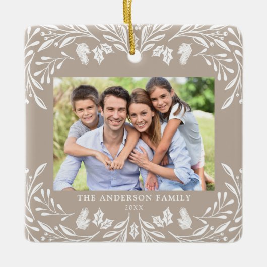 2 foto's Familie Winter Groen Tan Kerstmis Keramisch Ornament (Voorkant)