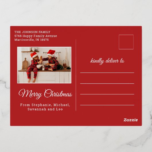 2 foto's geloven in Kerstmagie familie rood Folie Feestdagen Briefkaart (Achterkant)