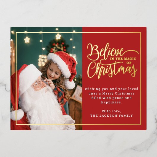 2 foto's geloven in Kerstmagie familie rood Folie Feestdagen Briefkaart (Voorkant)