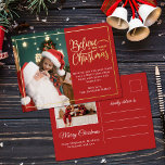 2 foto's geloven in Kerstmagie familie rood Folie Feestdagen Briefkaart<br><div class="desc">Een modern briefkaart voor kerstgroeten met een van uw favoriete kerstfamilieportretten aan de linkerkant, aangevuld met een echt gouden folie lijst en tekst met de tekst "Geloof in de magie van Kerstmis" aan de rechterkant over een feestelijke rode achtergrond, aanpasbaar met uw eigen groetboodschap. De achterkant van het briefkaart is...</div>