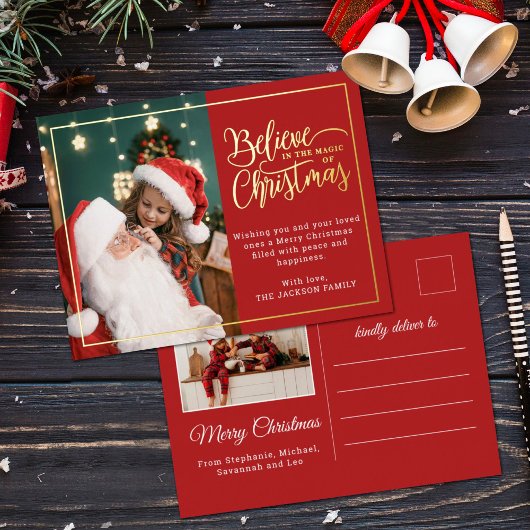 2 foto's geloven in Kerstmagie familie rood Folie Feestdagen Briefkaart