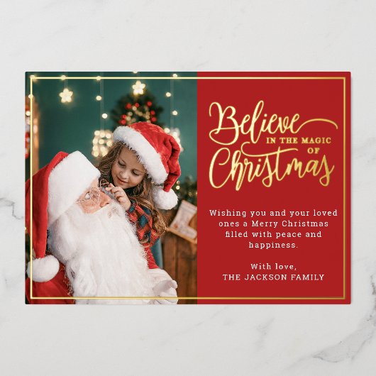 2 foto's geloven in Kerstmagie familie rood Folie Feestdagenkaart (Voorkant)