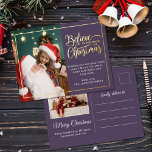 2 foto's geloven in Kerstmagie familie violet Folie Feestdagen Briefkaart<br><div class="desc">Een modern briefkaart met een van uw favoriete kerstfamilieportretten aan de linkerkant, aangevuld met een echt gouden folie lijst en een tekst met de tekst "Geloof in de magie van Kerstmis" aan de rechterkant over een moderne violette achtergrond, aanpasbaar met uw eigen groetboodschap. De achterkant van het briefkaart is aanpasbaar...</div>