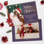 2 foto's geloven in Kerstmis magische familie Folie Feestdagenkaart<br><div class="desc">Een moderne kerstwenskaart met een van uw favoriete kerstfamilieportretten aan de linkerkant, aangevuld met een echt gouden folie lijst en een tekst met de tekst "Geloof in de magie van Kerstmis" aan de rechterkant over een elegante violette achtergrond, aanpasbaar met uw eigen wensboodschap. U kunt nog een afbeelding uploaden op...</div>