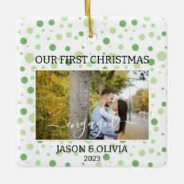 2 foto's Groene Polka Dot Eerste Kerstmis Betrokke Keramisch Ornament