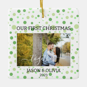 2 foto's Groene Polka Dot Eerste Kerstmis Samen Keramisch Ornament