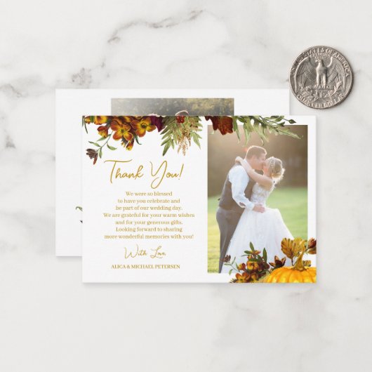 2 foto's herfst botanische bruiloft bedankt notitiekaartje (Voorkant / Achterkant in situ)