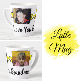 2 foto's lief oma gele latte mokkop mok