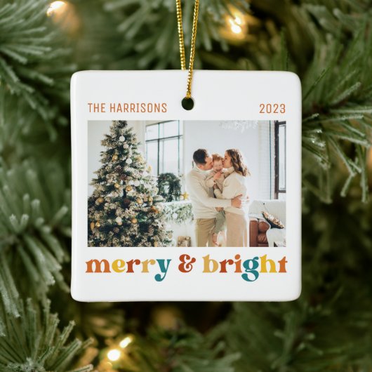 2 foto's Merry & Bright Family Retro Keramisch Ornament (Boom)
