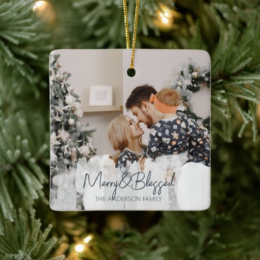 2 Foto's Merry en Blessed Simple Kerstmis Keramisch Ornament (Boom)