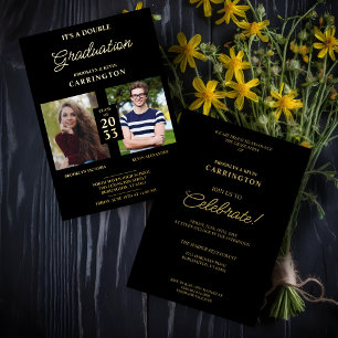 2 Foto's met dubbele tweeling Afstuderen Real Gold Folie Uitnodiging