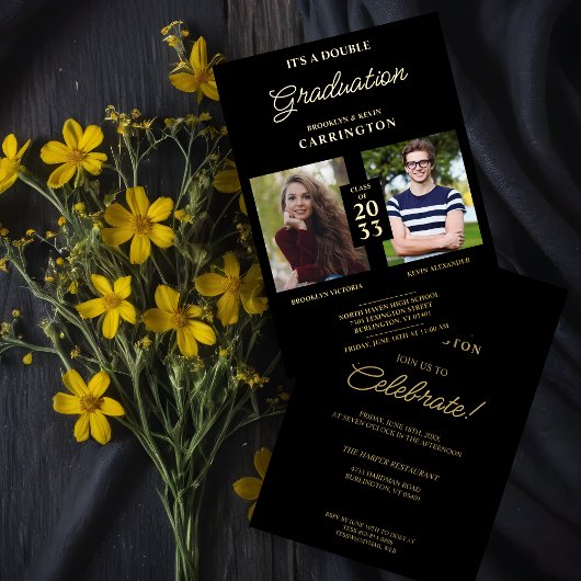 2 Foto's met dubbele tweeling Afstuderen Real Gold Folie Uitnodiging