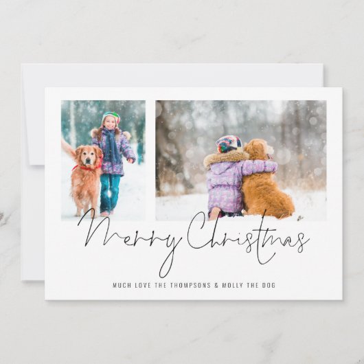 2 Foto's met Script Family en Dog Merry Kerstmis Feestdagenkaart (Voorkant)