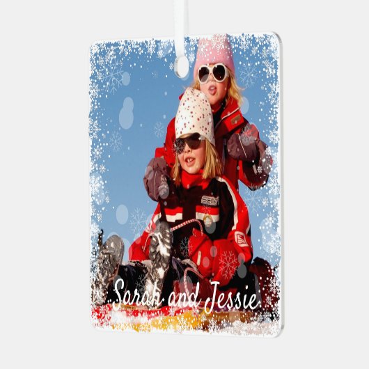 2 Foto's met Snowflake Overlay toevoegen Namen of  Metalen Ornament (Voorkant links)