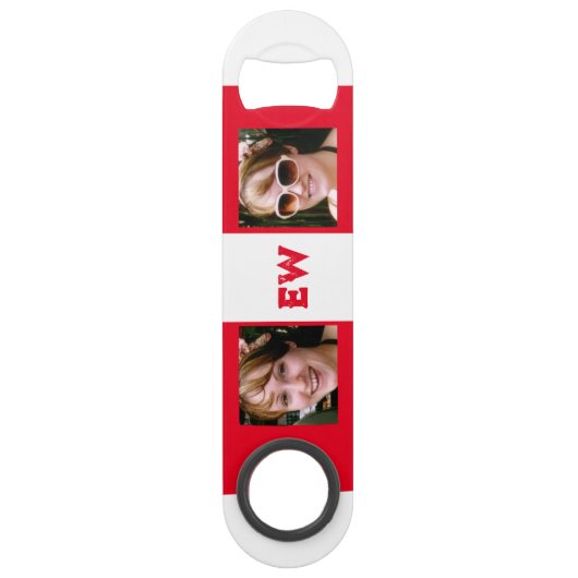2 foto's naam initiaal wit rood speed flessenopener (Achterkant)