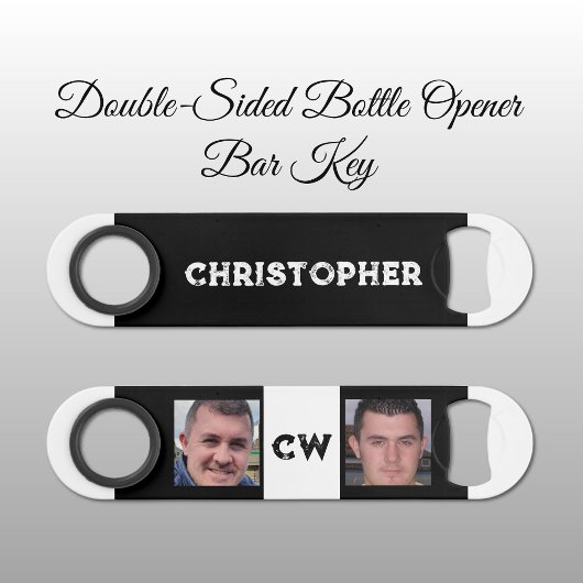 2 foto's naam initiaal zwart wit speed flessenopener