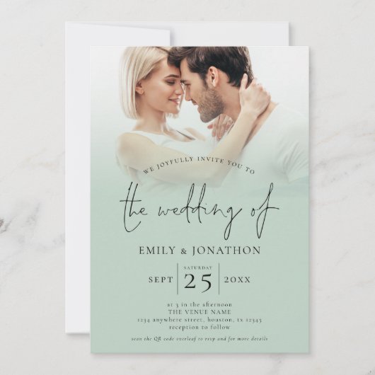 2 Foto's Overlay Script QR Code Sage Bruiloft Kaart (Voorkant)