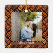 2 foto's Parket Eerste Kerstmis Samen Bruin Keramisch Ornament (Achterkant)