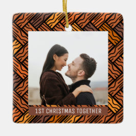 2 foto's Parket Eerste Kerstmis Samen Bruin Keramisch Ornament