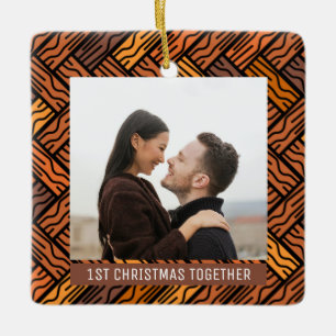 2 foto's Parket Eerste Kerstmis Samen Bruin Keramisch Ornament