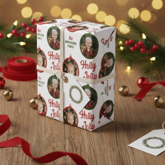 2 Foto's Scrip Holly Jolly kerstversiering Cadeaupapier