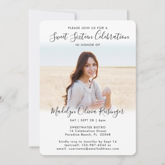 2 Foto's Sweet 16 Chic Moderne Elegante Script Kaart (Voorkant)