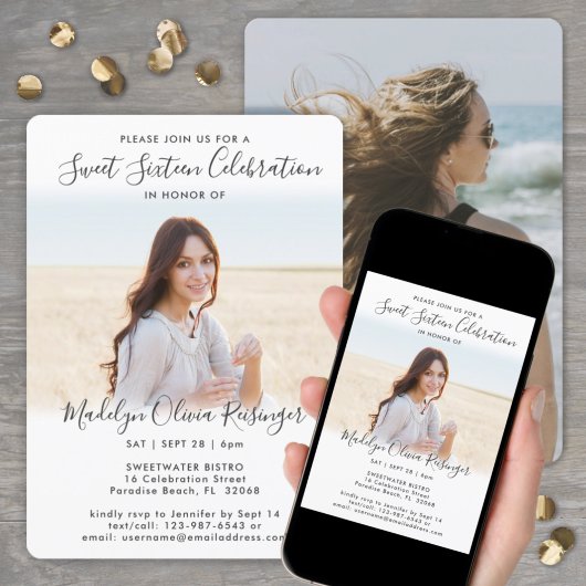 2 Foto's Sweet 16 Chic Moderne Elegante Script Kaart