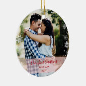 2 Foto's van onze eerste kerstfeestkoordsneeuw Keramisch Ornament (Rechts)