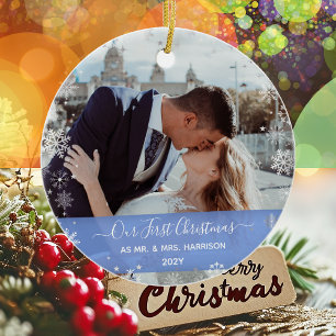 2 Foto's (Vert+H) Eerste Kerstmis: mevrouw Snowfla Keramisch Ornament