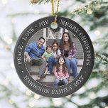 2 Fotovredesliefde Joy Merry Xmas Faux Chalkboard Keramisch Ornament<br><div class="desc">Viel de eenvoudige vreugde van de feestdagen met een douane twee faux chalkboard rond keramisch ornament. Alle tekst en afbeeldingen op deze sjabloon zijn eenvoudig te personaliseren en kunnen verschillend of het zelfde op voor en rug zijn. Verander bij voorkeur "Peace Love Joy Merry Kerstmis" in een prijsopgave of gezegde....</div>