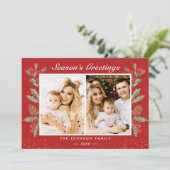 2 Fotozonegroet Holly Berries Kerstmis Feestdagenkaart (Staand voorkant)