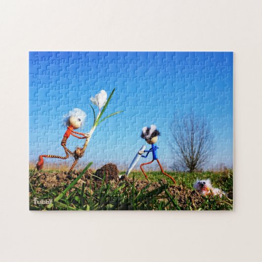 2 Fubby's die een bol krokus planten. Legpuzzel (Horizontaal)