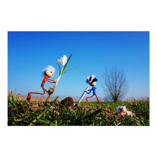 2 Fubby's die een bol krokus planten. Perfect Poster (Voorkant)