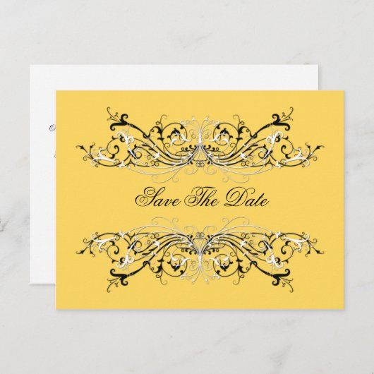 #2 Geel zwart wit wervelingen Bewaar de datum Aankondigingskaart (Voorkant / Achterkant)