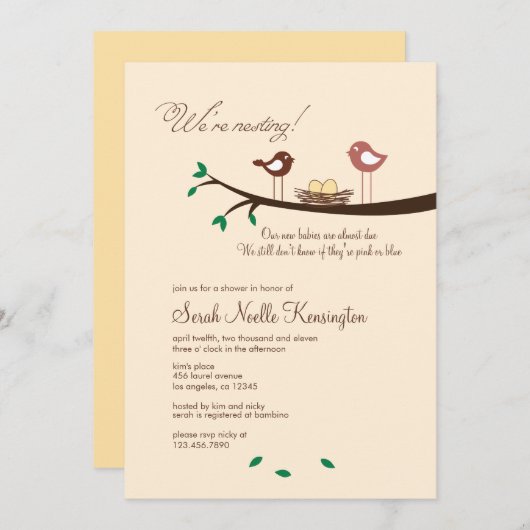 2 Gele Eggs Twins Baby shower Invitation Kaart (Voorkant / Achterkant)