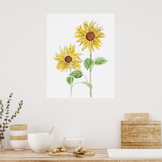 2 gele zonnebloemen inkt en waterverf poster (Keuken)