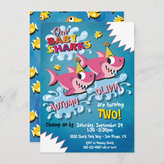 2 Girl Sharks Baby Birthday Party uitnodiging (Voorkant / Achterkant)