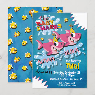 2 Girl Sharks Baby Birthday Party uitnodiging
