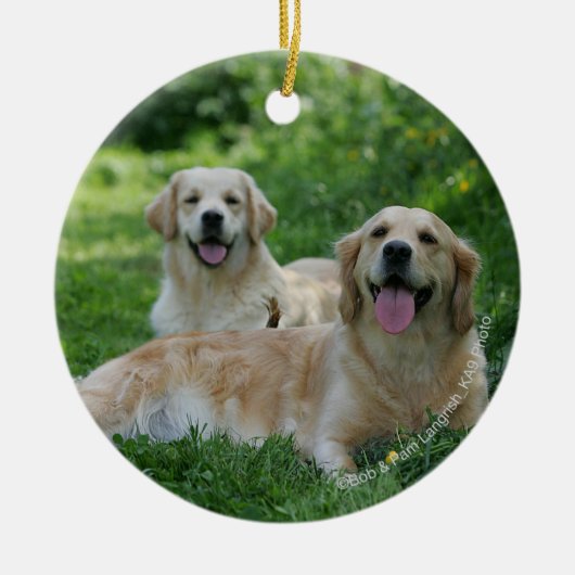 2 Golden Retrievers Laying in Grass Keramisch Ornament (Voorkant)