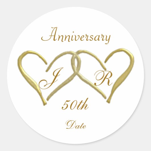 2 harten Monogram Golden Wedding Jubileum Ronde Sticker (Voorkant)