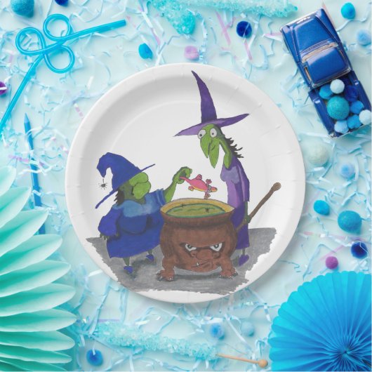 2 heksen brouwen in Cauldron Halloween Papieren Bordje (Feest)