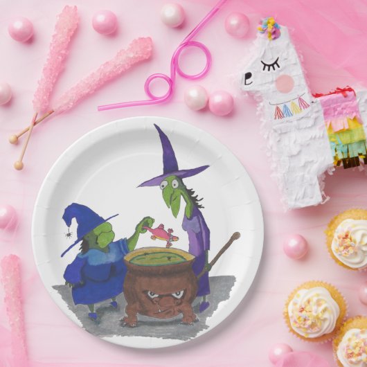 2 heksen brouwen in Cauldron Halloween Papieren Bordje (Feest)