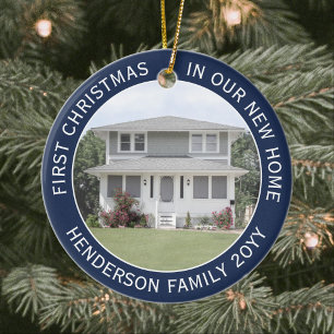 2 House Foto's First Xmas New Home Navy Blue White Keramisch Ornament