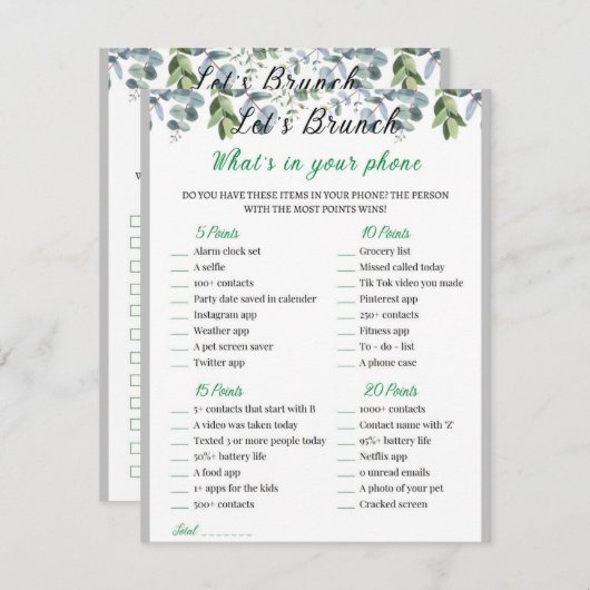 2 in 1 Bridal Brunch Douche Spel Informatiekaartje (Voorkant / Achterkant)