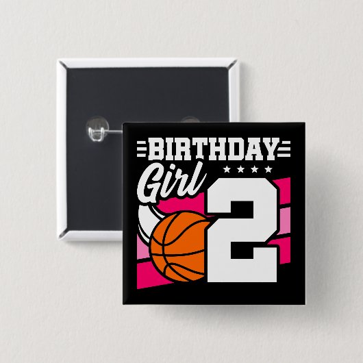 2 Jaar Oud Basketbal Party 2e Verjaardag Meisje Vierkante Button 5,1 Cm (Voorkant /achterkant)