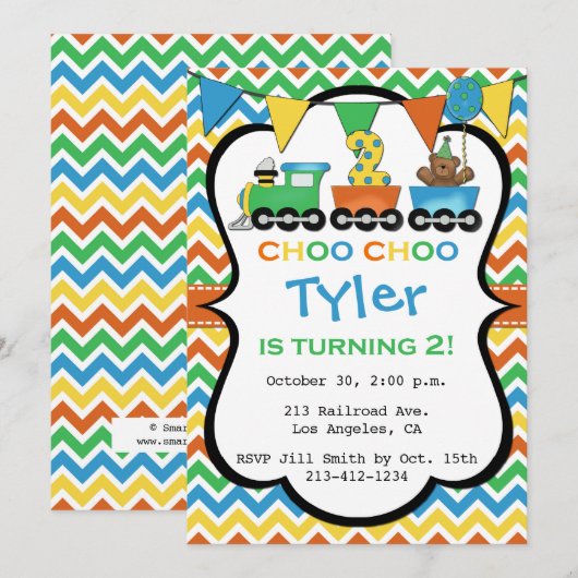 2 jaar oude trein verjaardagsfeestje uitnodiging (Voorkant / Achterkant)
