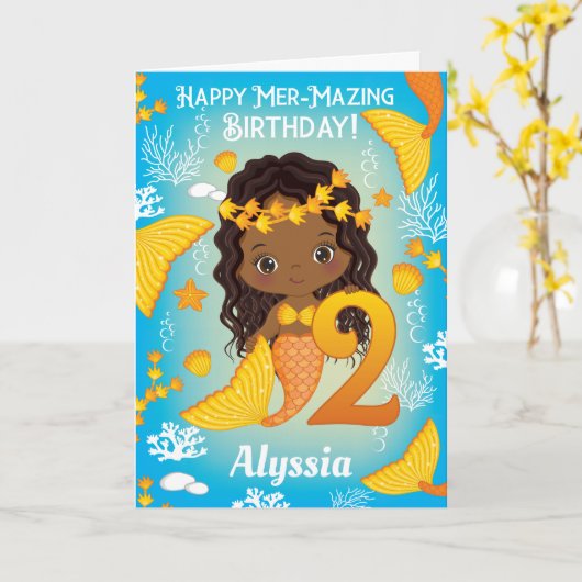 2 jaar oude zwarte zeemeermin | Happy Birthday Kaa Kaart (Gele Bloem)